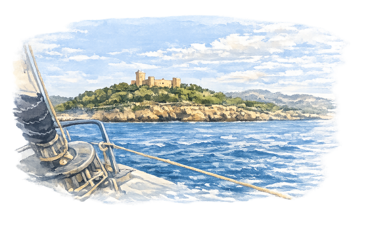 Acuarela del castillo de Bellver sobre la bahía de Palma