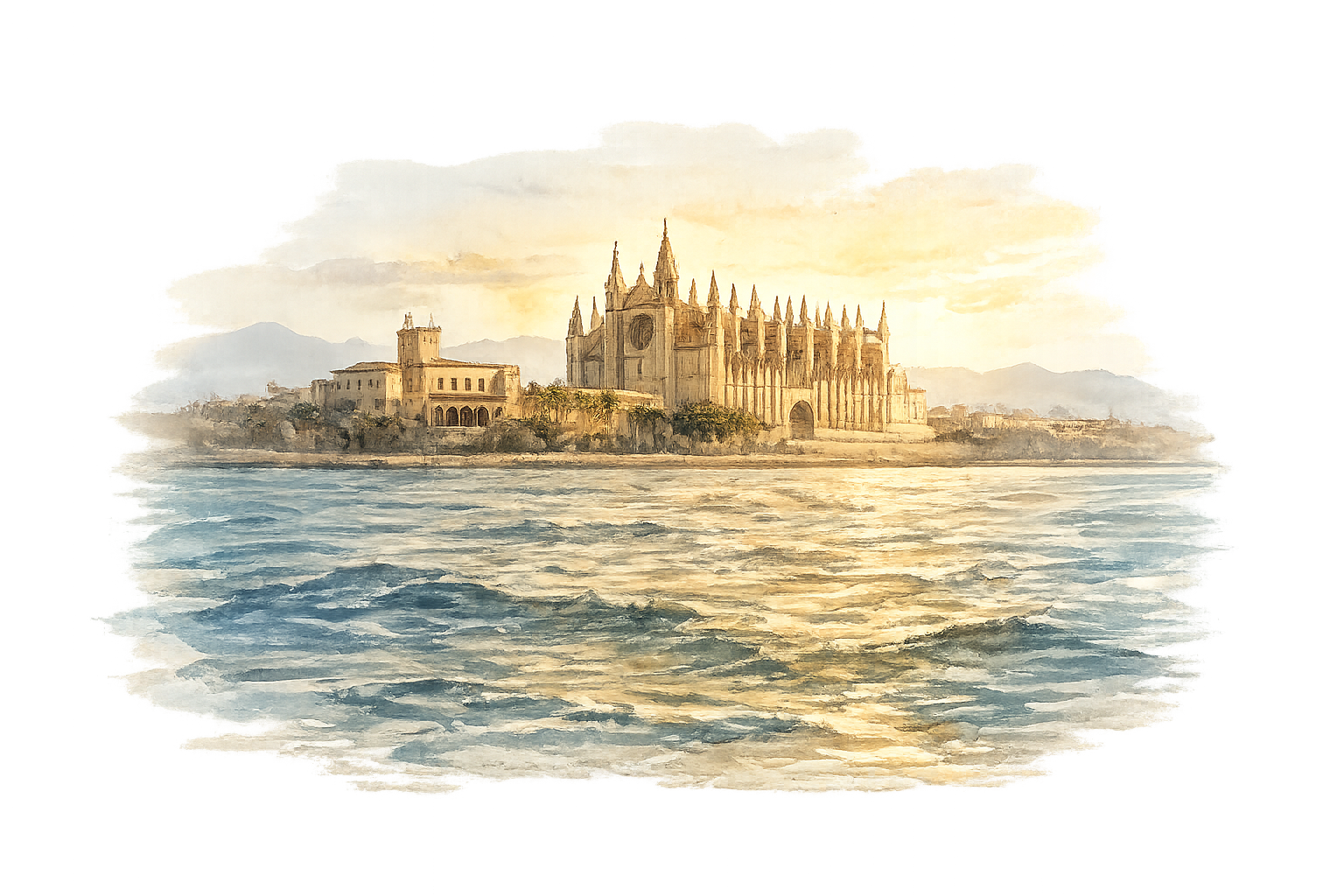 Watercolour of Palma Cathedral seen from the sea