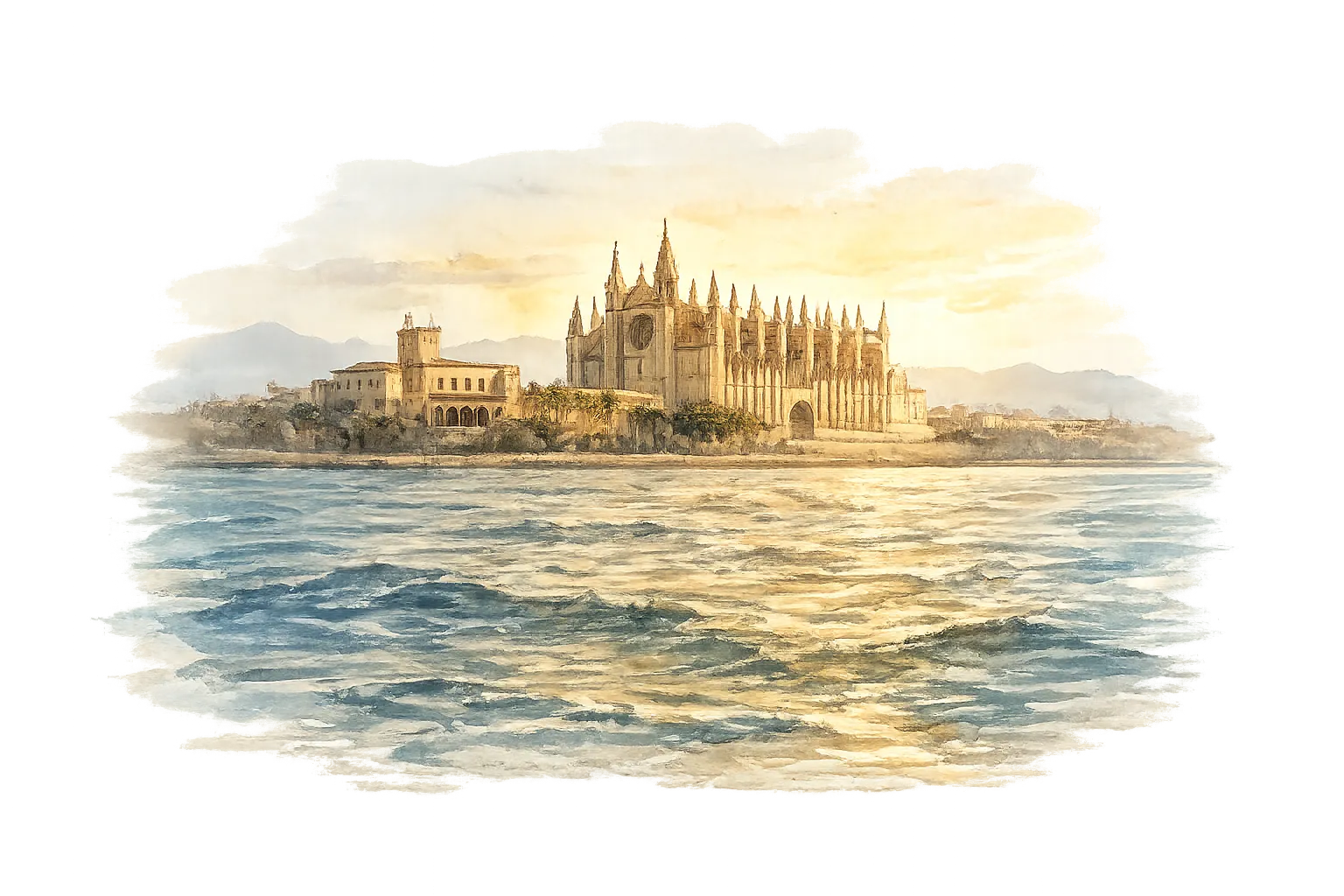La Catedral de Palma vista desde el mar, en acuarela