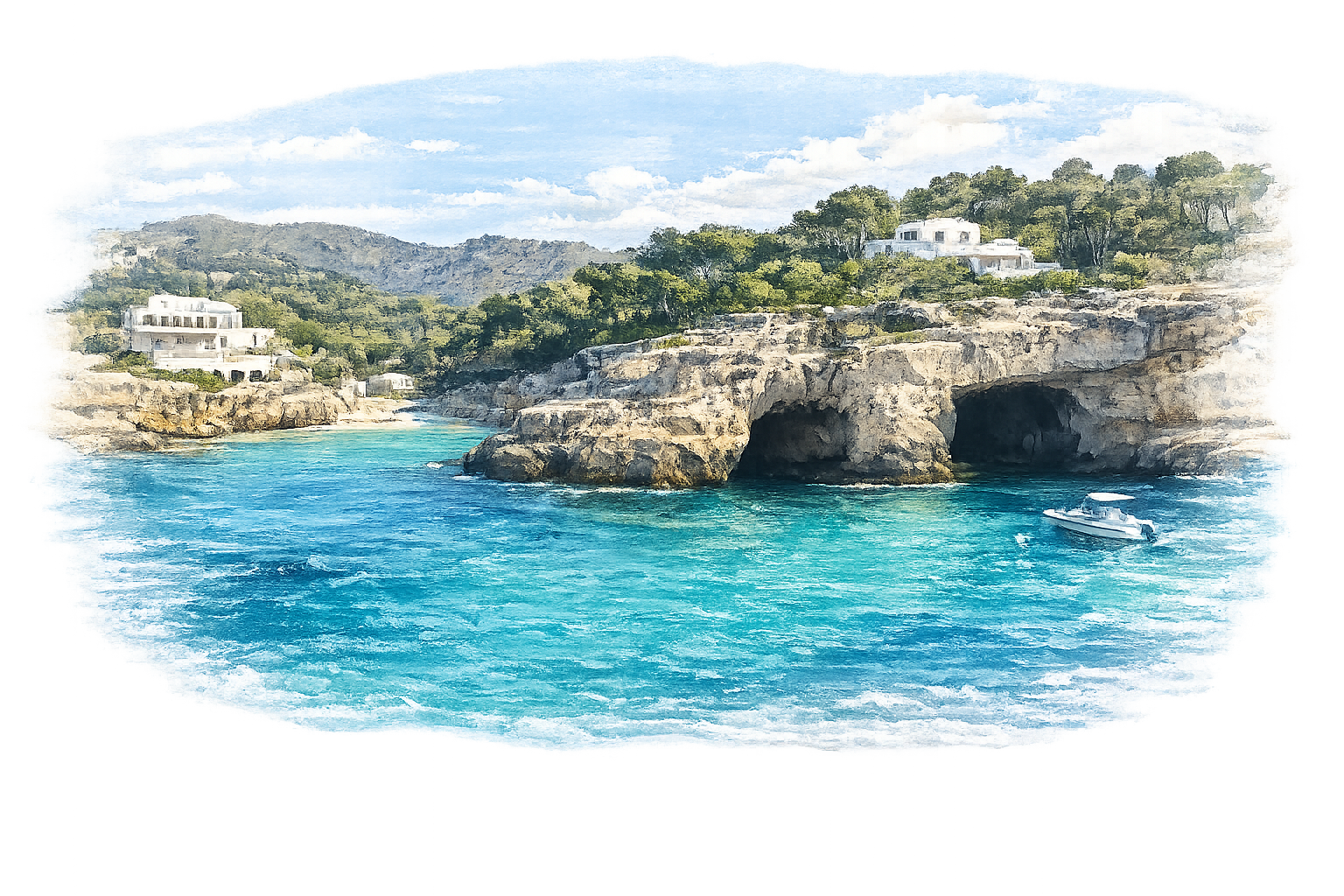 Acuarela de las calas y cuevas de Portals Vells
