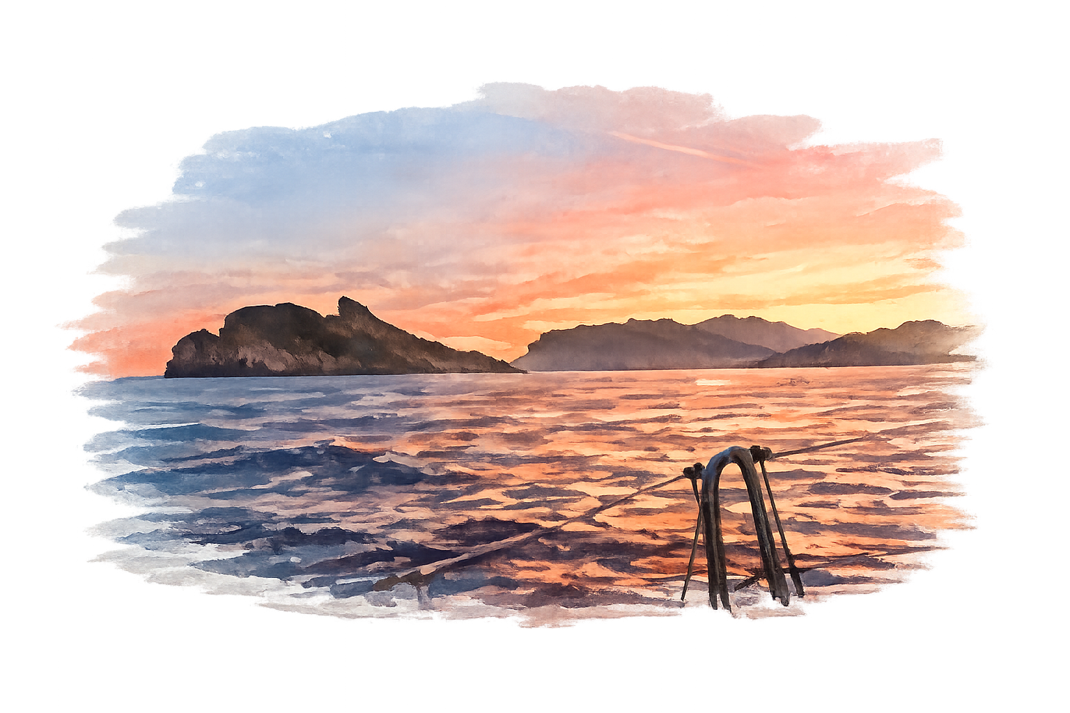 Watercolour of Sa Dragonera island at sunset