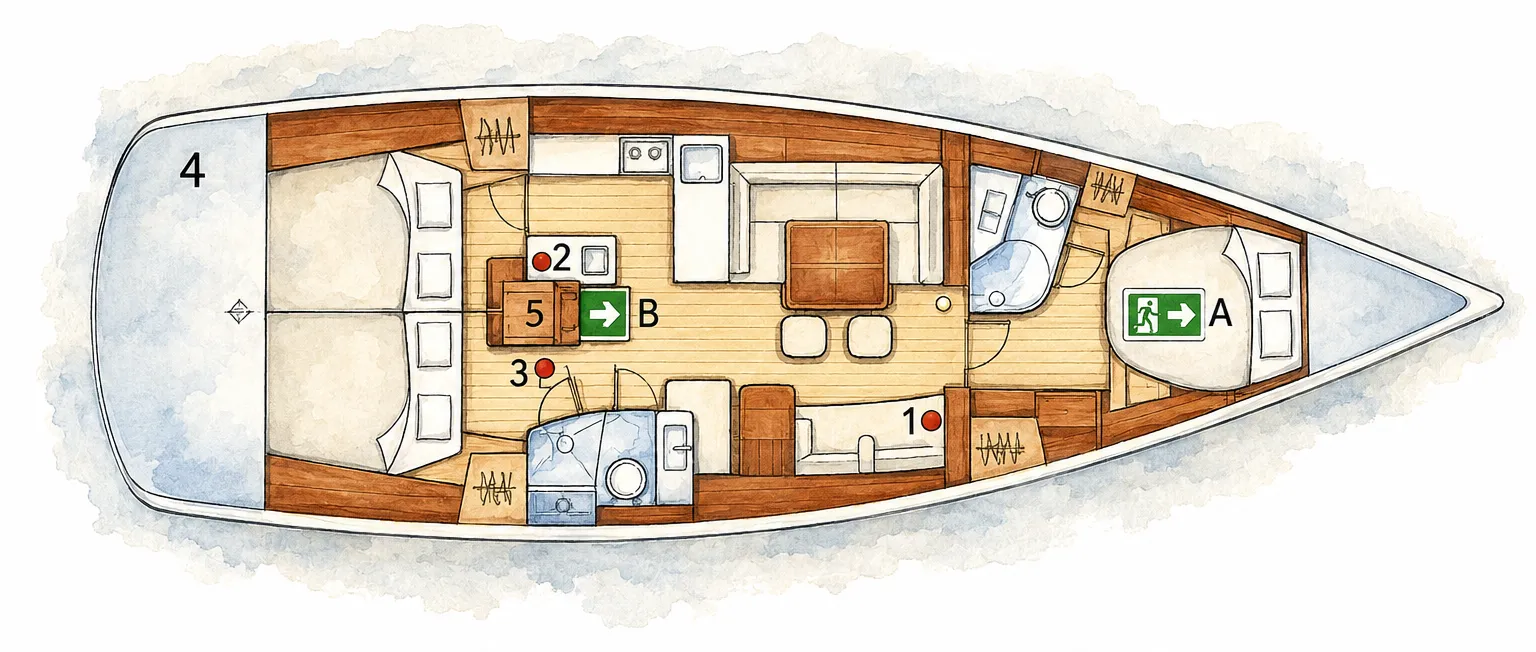 Plano del velero en acuarela: camarotes, salón, cocina y baños